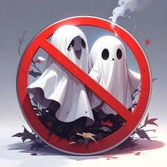 Cartoon ghosts inside a red 'no entry' sign, surrounded by foliage