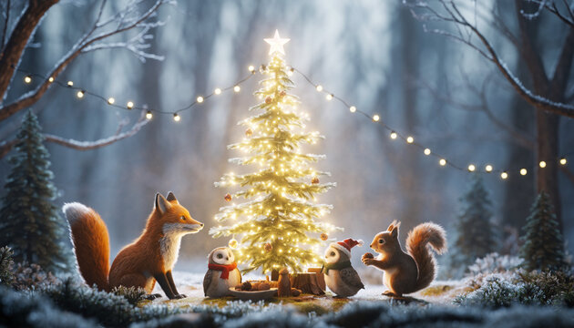 Cute forest animals gather around a decorated Christmas tree in a snowy woodland clearing illuminated by twinkling fairy lights. - Powered by Adobe