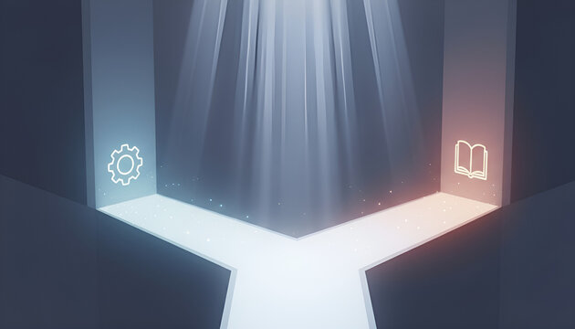 Conceptual crossroads showing a choice between knowledge and practical skills.