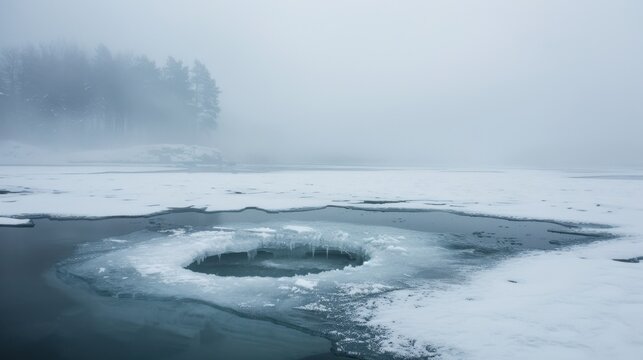 Frozen lake with circular hole in ice surrounded by snow and foggy forest in winter landscape.