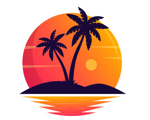 Tropical Sunset Circle Design with Palm Tree Silhouette and Ocean Reflection Vector