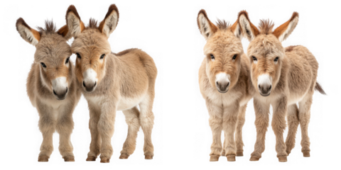 Two adorable baby donkeys standing side by side, isolated on transparent background