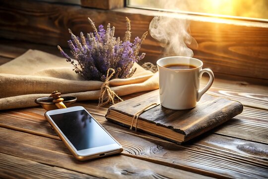 Aromatic coffee and lavender bouquet on a wooden table near the window
