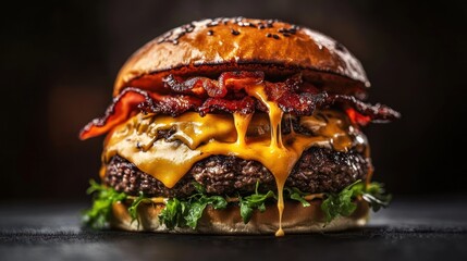 Delicious burger with bacon and melted cheese