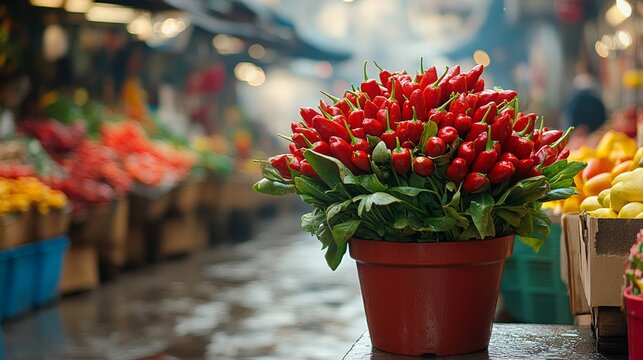 Pot of red chili peppers stands on display at outdoor market
