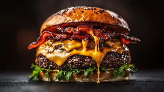 Delicious burger with bacon and melted cheese
