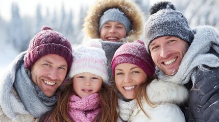 Fototapeta premium Five people gather outdoors on a snowy day, sharing happy moments together in warm hats and scarves. Their smiles show the joy of winter fun and togetherness.