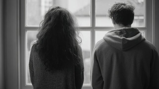 Two people stand back to back, gazing out a large window as rain falls outside. The atmosphere is quiet and reflective, creating a mood of contemplation and connection.