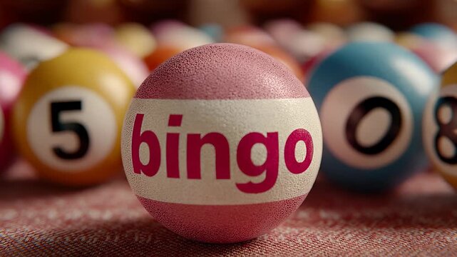 Close-up of Colorful Bingo Balls with Numbers and the Word Bingo, Gambling Game of Chance, Lottery, Entertainment