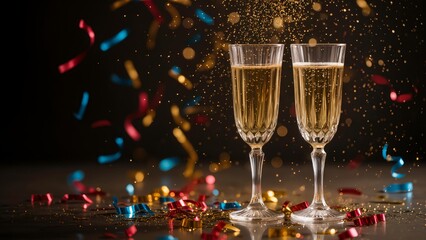 Crystal Champagne Flutes with Colorful Streamers and Golden Sparkles