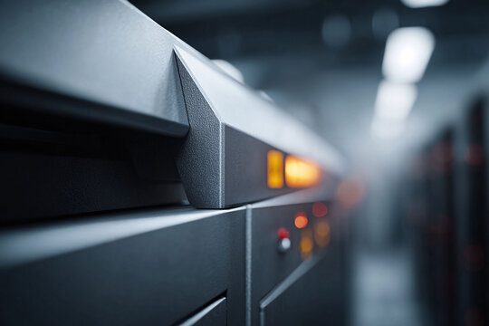 Closeup shot of server room equipment, abstract and technical. Depicts technology, data processing, or the internet. Ideal for IT, cloud or server related visuals.