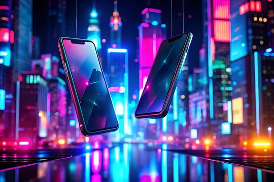 Two smartphones floating in a futuristic city with neon lights at night