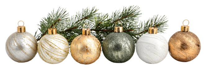 set of christmas balls with fir tree branch decoration isolated on white or transparent png