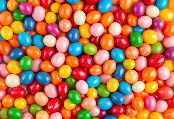 Obraz premium Overhead vibrant assortment of colorful candies and sweets, gumballs, jellybeans, dessert, colourful