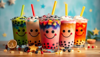 Fototapeta premium Smiling bubble tea cups, vibrant colors, star accents, diverse flavors, pearls, happy