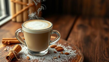 Steaming almond milk cappuccino, cinnamon dusting, rustic wood table, closeup, cinnamon