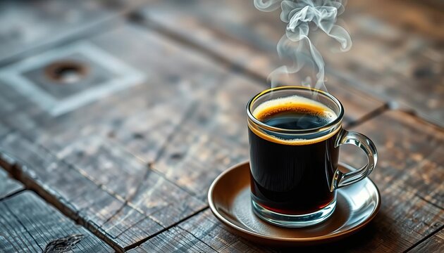 Steaming cup of dark roast coffee on rustic wooden table,  beverage,  latte