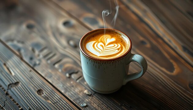 Steaming latte art in a ceramic mug on rustic wood,  warm,  brown - Powered by Adobe