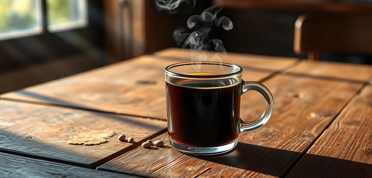 Steaming mug of dark coffee on rustic wood table, sunlight,   espresso,  morning coffee