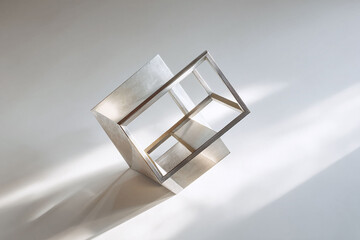Modern abstract geometric form bathed in light, casting a strong shadow. Conceptual metaphor for perspective, structure, or innovation. Minimalist design element.