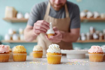 Baker decorating cupcakes with colorful frosting. Sweet treat for celebrations, parties, bakeries, or dessert blogs. Craft, skill, and delicious indulgence.