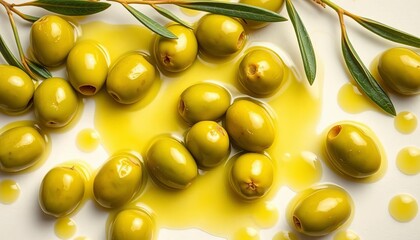 Vibrant green olives glistening in olive oil, arranged artfully on white ,   plate,   dish