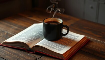 Warm coffee steaming from a mug atop an open book on a rustic wooden table, wood, drink