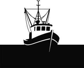 Illustrator commercial fishing boat front view simple black Silhouette vector