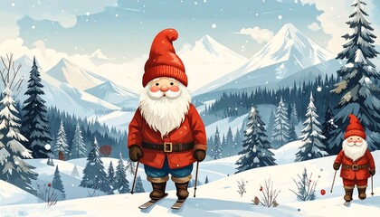 Cartoon gnomes in winter wonderland with snow-covered mountains