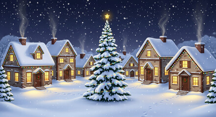 village houses covered in snow at night