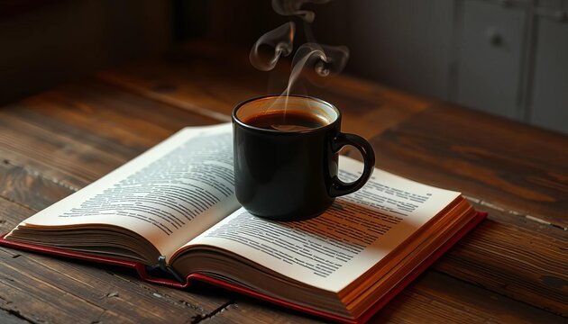 Warm coffee steaming from a mug atop an open book on a rustic wooden table, wood, drink
