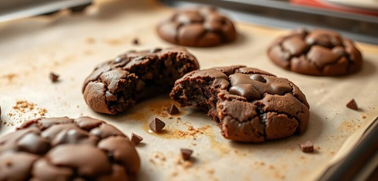Warm, gooey homemade chocolate cookies on baking sheet, baking sheet, confectionery