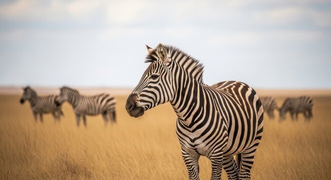 Wild zebra in the African savanna. A herd grazing in a golden grassland. Wildlife safari and ecotourism adventure. Natural black and white striped animal pattern