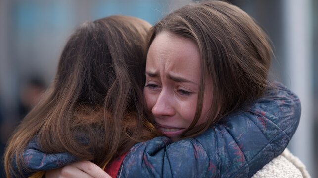 Friends comfort each other with a heartfelt hug in an emotional scene outside in the city. One shows visible tears while the other offers support on a cool, overcast day.
