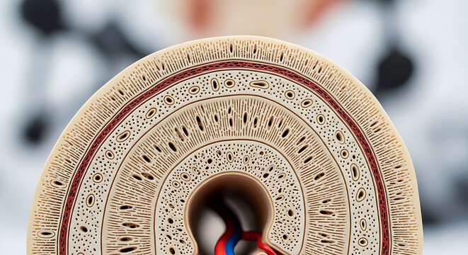 Cross section of human bone with osteons showing trabecular and cortical bone and blood vessels