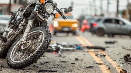 Fototapeta premium A motorcycle lies on its side among debris and damaged cars on a busy road. The scene shows chaos and the aftermath of a recent accident with bystanders nearby.