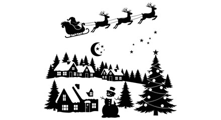 Enchanting Christmas Eve scene with Santa's sleigh, reindeer, snow covered houses, snowman, and decorated Christmas tree