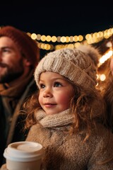 Joyful child enjoying festive lights, cozy attire, warm drink in