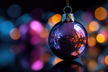 Fototapeta premium Shimmering purple ornament reflects colorful lights, creating fe