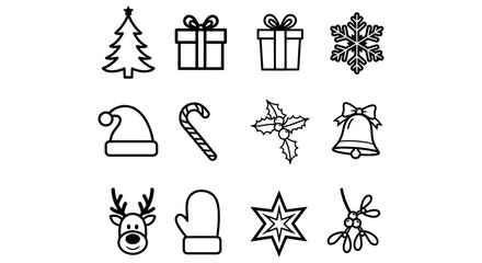 Festive Christmas icons collection for holiday designs featuring tree, gifts, snowflake, Santa hat, candy cane, reindeer and more