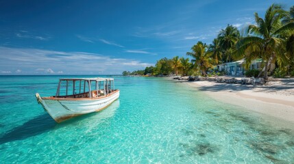 Obraz premium A wooden boat floats in the clear, turquoise waters close to a sandy beach lined with palm trees on a bright sunny day. A peaceful tropical scene invites relaxation and adventure.