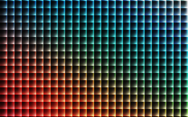 Abstract grid of glowing squares transitioning from red to blue background geometric