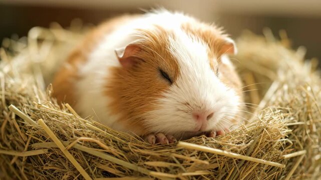 Sleeping Guinea Pig in Straw Nest Close Up Portrait Brown and White Fur Pet Rodent Resting Comfortably in Golden Light Soft Focus Peaceful Scene