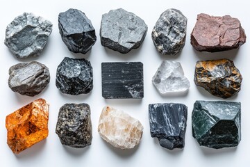 Diverse collection of mineral samples showcasing unique textures