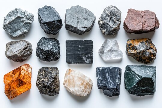 Diverse collection of mineral samples showcasing unique textures