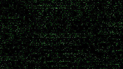 Green digital pixel dots on black background texture. Data stream concept for technology, computing, cyber security, and machine learning.