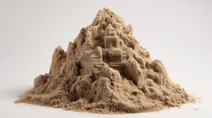 A detailed sand sculpture showcases a large temple-like structure with stairs and ornate features, highlighting skillful craftsmanship and artistic creativity.