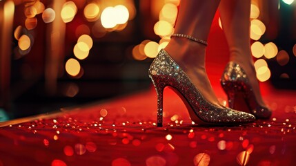 Close-up of a woman's legs wearing sparkling high heels on a red carpet. Blurred lights create a festive atmosphere, ideal for events or celebrations.