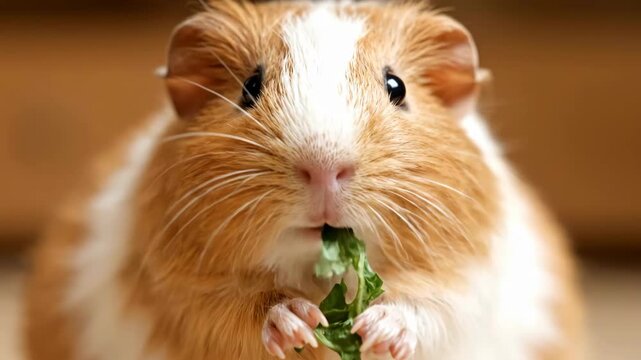 Close Up of Adorable Orange and White Guinea Pig Eating Green Leaf Against Neutral Brown Background with Soft Lighting Studio Shot