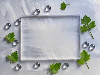 Green cilantro leaves and clear water droplets outline a smooth, transparent surface in a bright kitchen. This simple arrangement showcases attention to freshness and cleanliness in cooking.